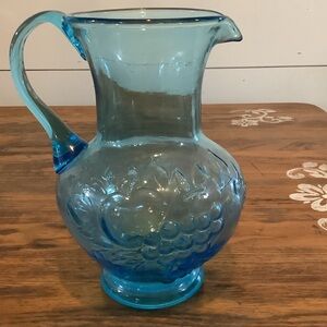 Vintage 8” Blue Art Glass Handled Pitcher W/Fruit Pattern